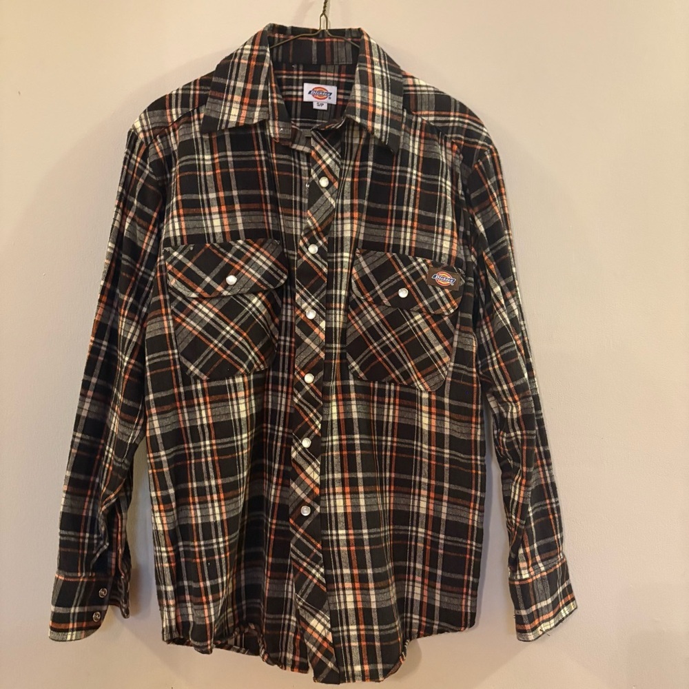 Dickies Men's Brown and Orange Plaid Button Down Shirt, Sz S, like new.